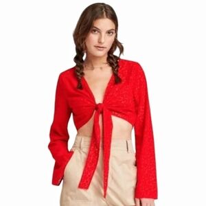 Wild Fable - Floral Velvet Ties Bell Sleeves Crop Top